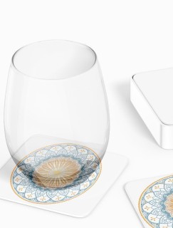 Mavi Sarı Mandala Tasarımlı 4lü Kare Bardak Altlığı Mavi Sarı Mandala Tasarımlı 4lü Kare Bardak Altlığı