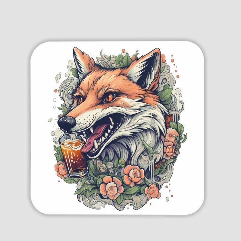 Fox and Beer Tasarımlı 4lü Kare Bardak Altlığı Fox and Beer Tasarımlı 4lü Kare Bardak Altlığı