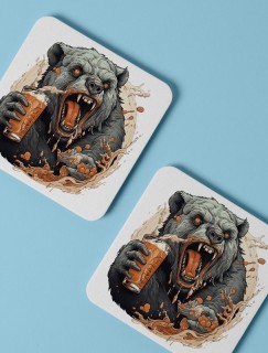 Bear and Beer Tasarımlı 4lü Kare Bardak Altlığı Bear and Beer Tasarımlı 4lü Kare Bardak Altlığı