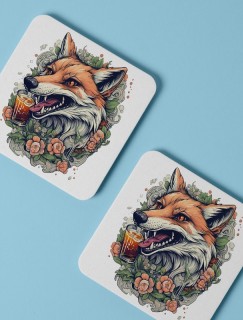 Fox and Beer Tasarımlı 4lü Kare Bardak Altlığı Fox and Beer Tasarımlı 4lü Kare Bardak Altlığı