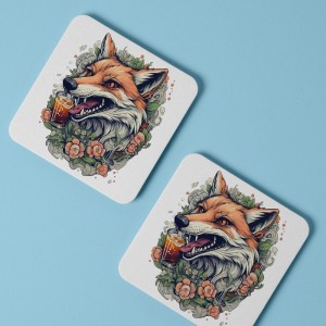 Fox and Beer Tasarımlı 4lü Kare Bardak Altlığı