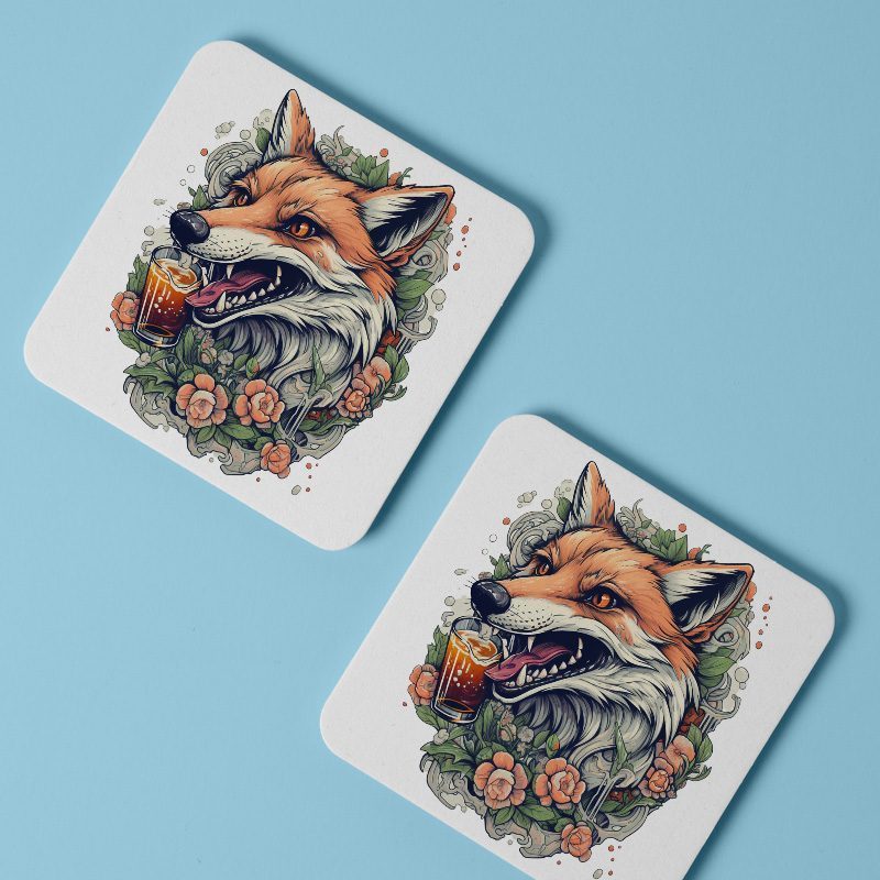Fox and Beer Tasarımlı 4lü Kare Bardak Altlığı Fox and Beer Tasarımlı 4lü Kare Bardak Altlığı