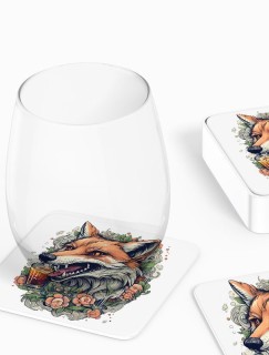 Fox and Beer Tasarımlı 4lü Kare Bardak Altlığı Fox and Beer Tasarımlı 4lü Kare Bardak Altlığı