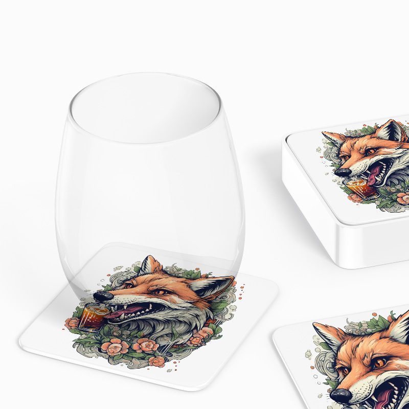 Fox and Beer Tasarımlı 4lü Kare Bardak Altlığı Fox and Beer Tasarımlı 4lü Kare Bardak Altlığı