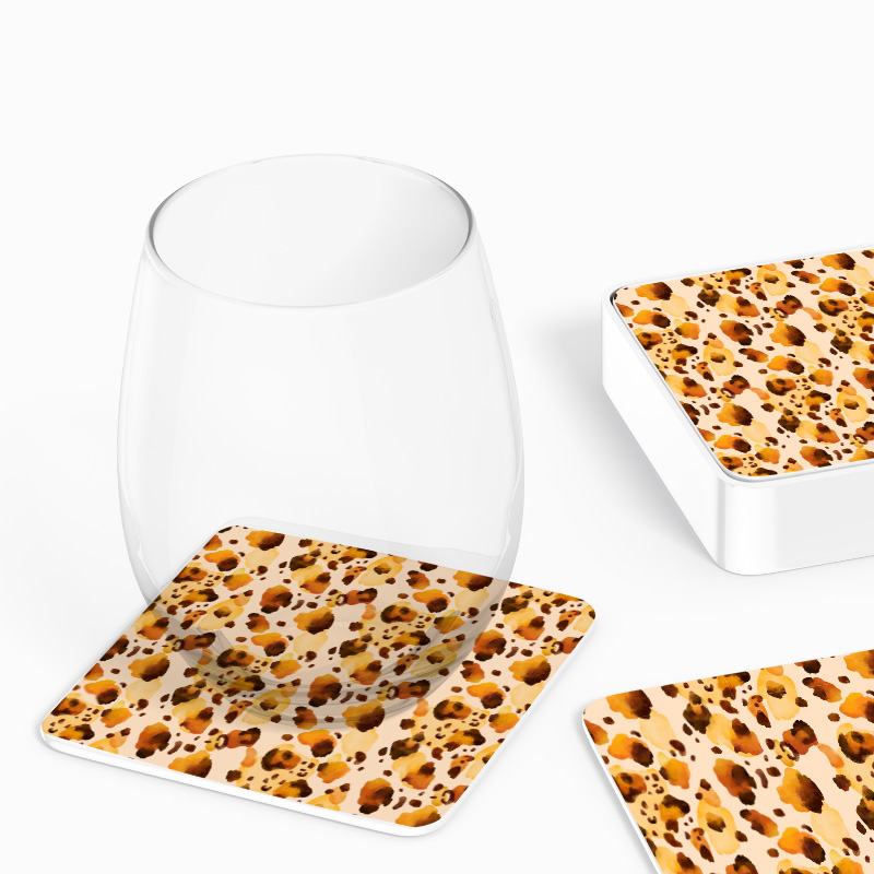 Suluboya Leopar Kürkü Tasarımlı 4lü Kare Bardak Altlığı Suluboya Leopar Kürkü Tasarımlı 4lü Kare Bardak Altlığı