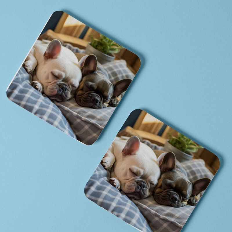 Uyuyan Buldog Köpekler Tasarımlı 4lü Kare Bardak Altlığı Uyuyan Buldog Köpekler Tasarımlı 4lü Kare Bardak Altlığı