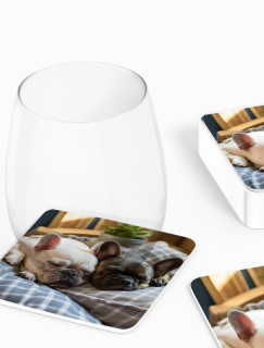 Uyuyan Buldog Köpekler Tasarımlı 4lü Kare Bardak Altlığı Uyuyan Buldog Köpekler Tasarımlı 4lü Kare Bardak Altlığı