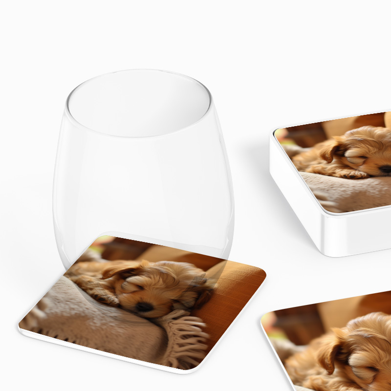 Uyuyan Sevimli Köpek Tasarımlı 4lü Kare Bardak Altlığı Uyuyan Sevimli Köpek Tasarımlı 4lü Kare Bardak Altlığı