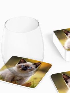 Yavru Siyam Kedi Tasarımlı 4lü Kare Bardak Altlığı Yavru Siyam Kedi Tasarımlı 4lü Kare Bardak Altlığı