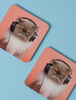 Müzik Tutkunu Kedi Tasarımlı 4lü Kare Bardak Altlığı Müzik Tutkunu Kedi Tasarımlı 4lü Kare Bardak Altlığı