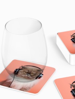 Müzik Tutkunu Kedi Tasarımlı 4lü Kare Bardak Altlığı Müzik Tutkunu Kedi Tasarımlı 4lü Kare Bardak Altlığı