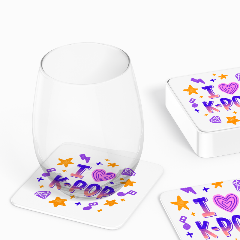 I Love K-Pop Temalı 4lü Kare Bardak Altlığı I Love K-Pop Temalı 4lü Kare Bardak Altlığı