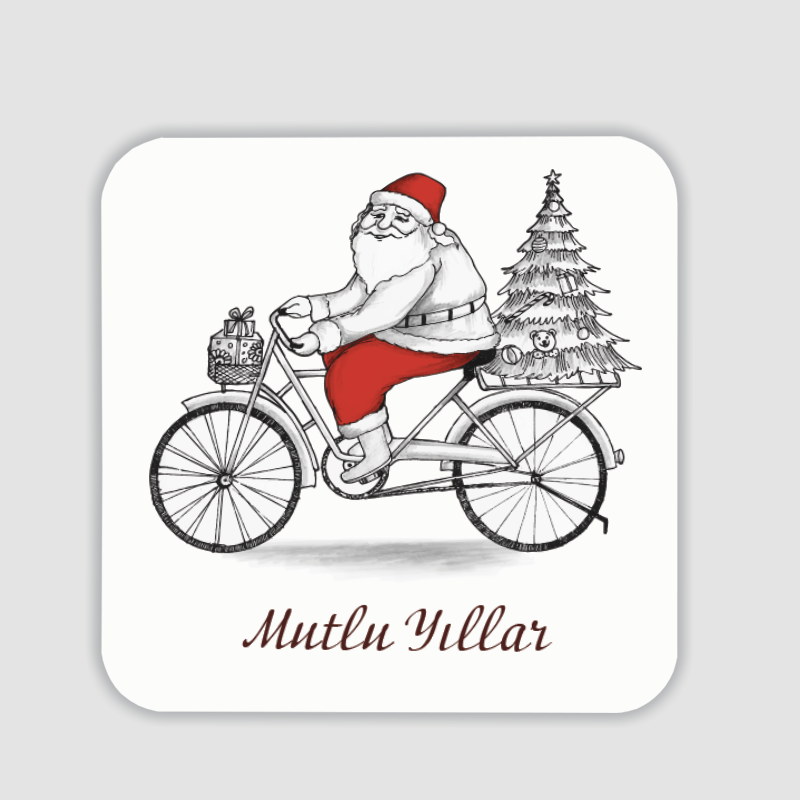 Bisikletli Noel Baba Tasarımlı 4lü Kare Bardak Altlığı Bisikletli Noel Baba Tasarımlı 4lü Kare Bardak Altlığı