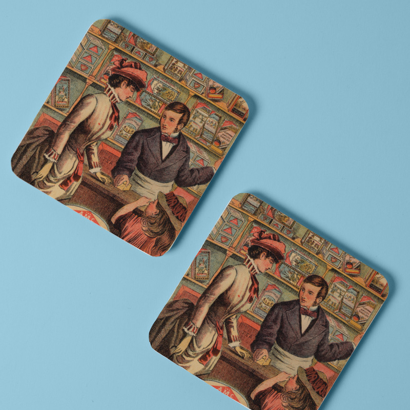 Retro Market Tasarımlı 4lü Kare Bardak Altlığı Retro Market Tasarımlı 4lü Kare Bardak Altlığı