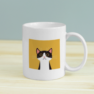 Meraklı Kedi Tasarımlı Beyaz Porselen Kupa Bardak