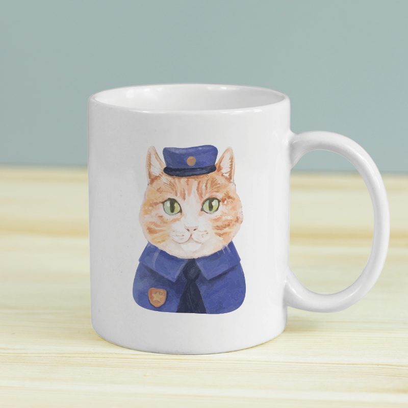 Polis Kedi Tasarımlı Beyaz Porselen Kupa Bardak Polis Kedi Tasarımlı Beyaz Porselen Kupa Bardak