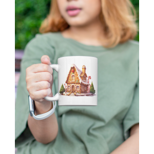 Gingerbread House Tasarımlı Beyaz Porselen Kupa Bardak