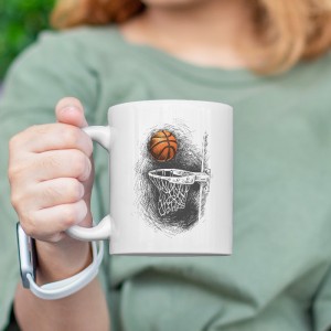 Basketbol Topu ve Pota Tasarımlı Beyaz Porselen Kupa Bardak
