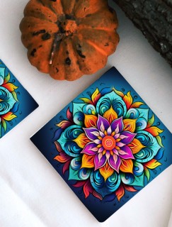 Çiçek Renkli Mandala Tasarımlı 4lü Doğal Taş Bardak Altlığı Çiçek Renkli Mandala Tasarımlı 4lü Doğal Taş Bardak Altlığı