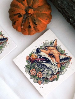Fox and Beer Tasarımlı 4lü Doğal Taş Bardak Altlığı Fox and Beer Tasarımlı 4lü Doğal Taş Bardak Altlığı