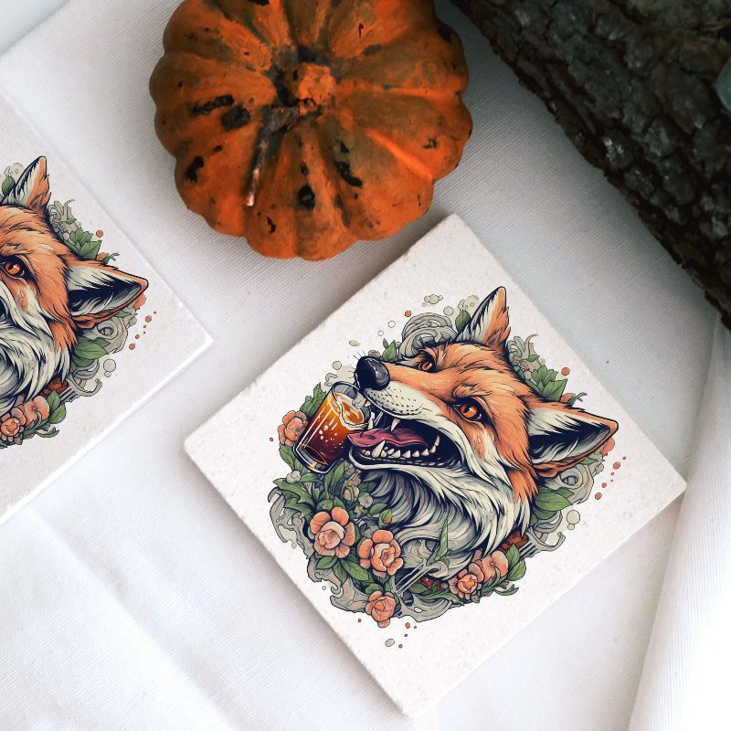 Fox and Beer Tasarımlı 4lü Doğal Taş Bardak Altlığı Fox and Beer Tasarımlı 4lü Doğal Taş Bardak Altlığı
