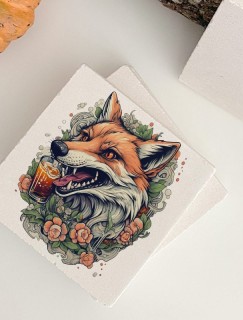 Fox and Beer Tasarımlı 4lü Doğal Taş Bardak Altlığı Fox and Beer Tasarımlı 4lü Doğal Taş Bardak Altlığı