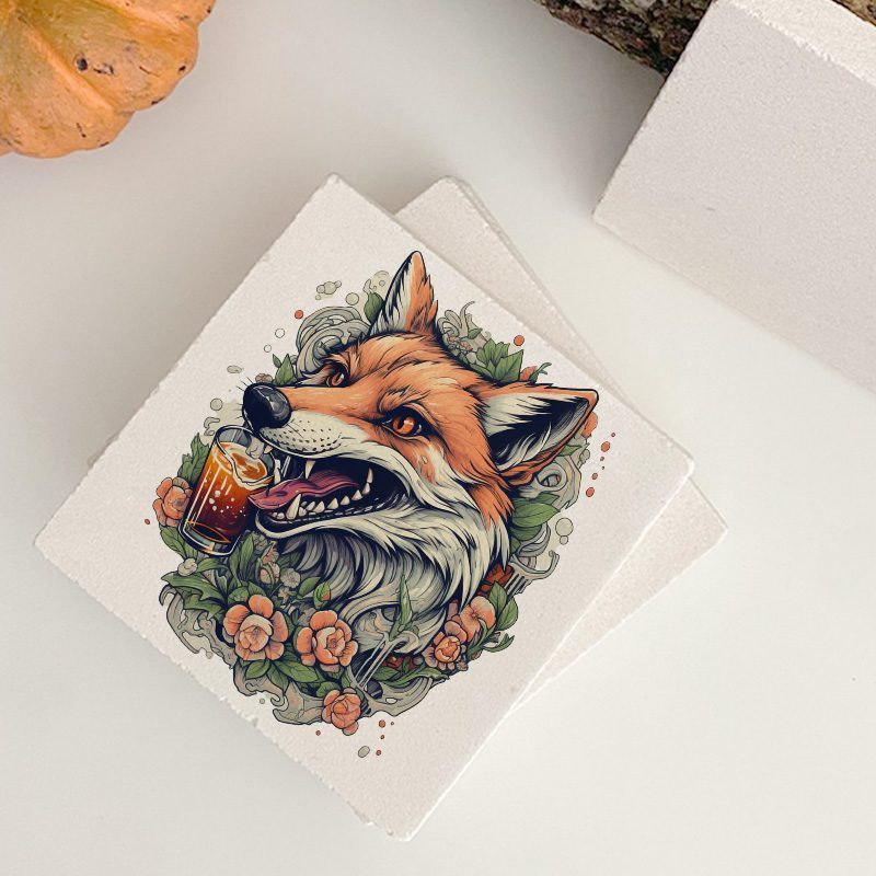 Fox and Beer Tasarımlı 4lü Doğal Taş Bardak Altlığı Fox and Beer Tasarımlı 4lü Doğal Taş Bardak Altlığı