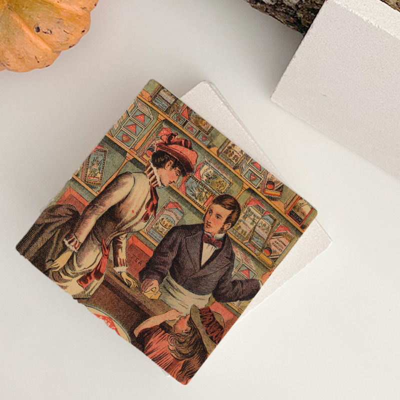 Retro Market Tasarımlı 4lü Doğal Taş Bardak Altlığı Retro Market Tasarımlı 4lü Doğal Taş Bardak Altlığı