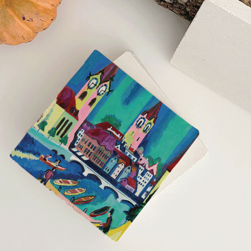 Ernst Ludwig Kirchner'in Zurih (1926) Tablosu Tasarımlı 4lü Doğal Taş Bardak Altlığı Ernst Ludwig Kirchner'in Zurih (1926) Tablosu Tasarımlı 4lü Doğal Taş Bardak Altlığı