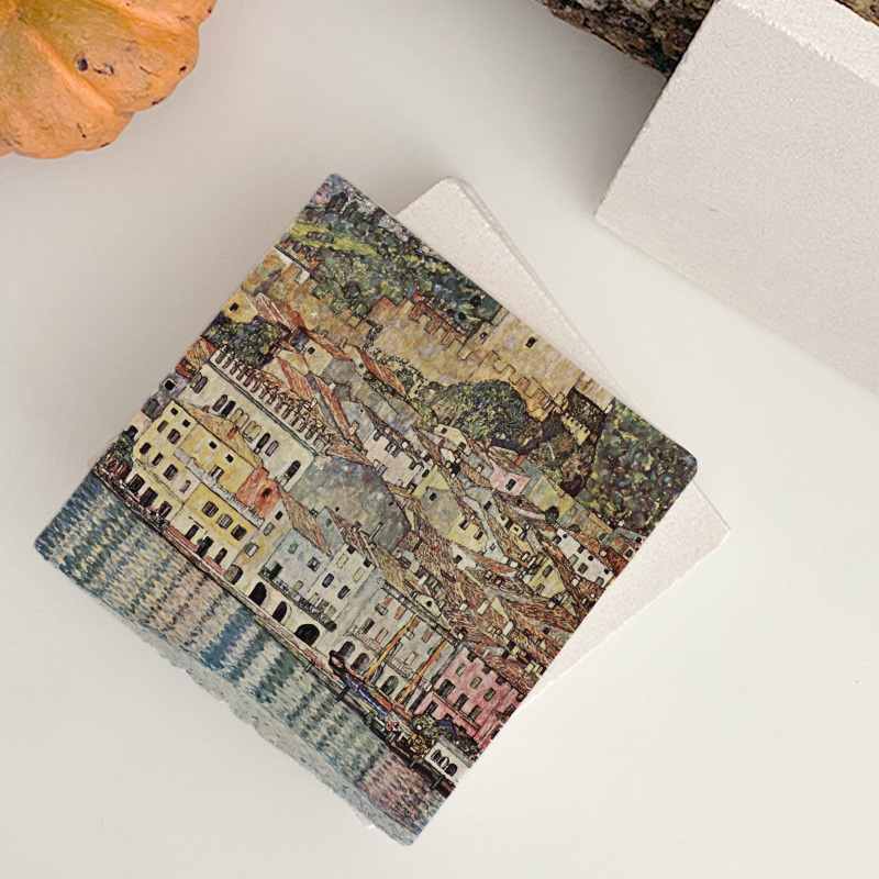 Gustav Klimt Malcesine ve Gardasee (1913) Tasarımlı 4'lü Doğal Taş Bardak Altlığı Gustav Klimt Malcesine ve Gardasee (1913) Tasarımlı 4'lü Doğal Taş Bardak Altlığı