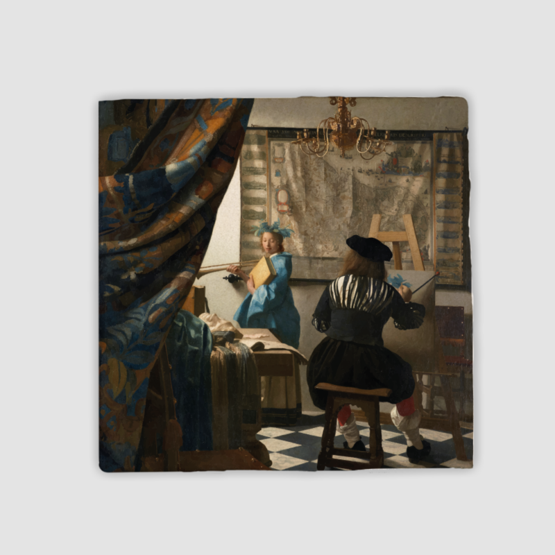 Johannes Vermeer'in Resim Alegorisi (1666 –1668) Tasarımlı 4'lü Doğal Taş Bardak Altlığı Johannes Vermeer'in Resim Alegorisi (1666 –1668) Tasarımlı 4'lü Doğal Taş Bardak Altlığı