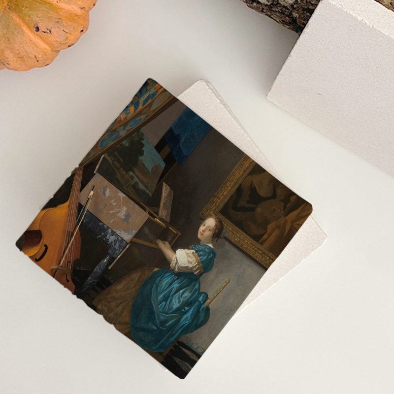 Johannes Vermeer'in Virginal'de Oturan Genç Kadını (1670–1672) Tasarımlı 4'lü Doğal Taş Bardak Altlığı Johannes Vermeer'in Virginal'de Oturan Genç Kadını (1670–1672) Tasarımlı 4'lü Doğal Taş Bardak Altlığı
