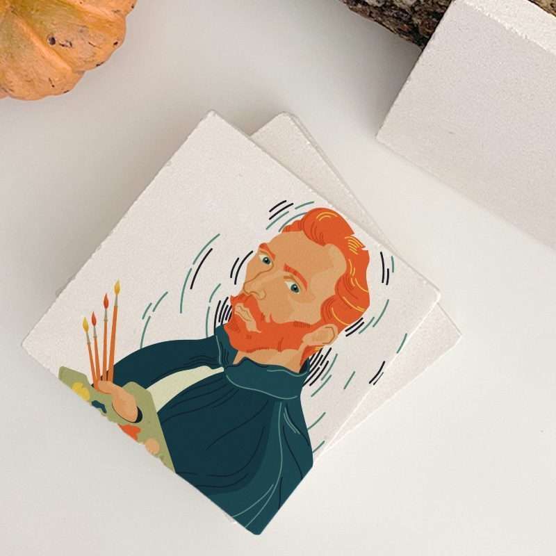 Van Gogh Resim Yapıyor Tasarımlı 4lü Doğal Taş Bardak Altlığı Van Gogh Resim Yapıyor Tasarımlı 4lü Doğal Taş Bardak Altlığı