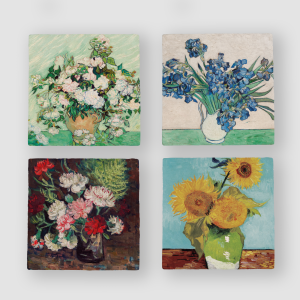 Van Gogh'un Çiçekleri Tasarımlı 4'lü Doğal Taş Bardak Altlığı