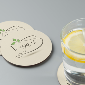 Vegan Yazılı Yaprak Detaylı 4'lü Yuvarlak Bardak Altlığı