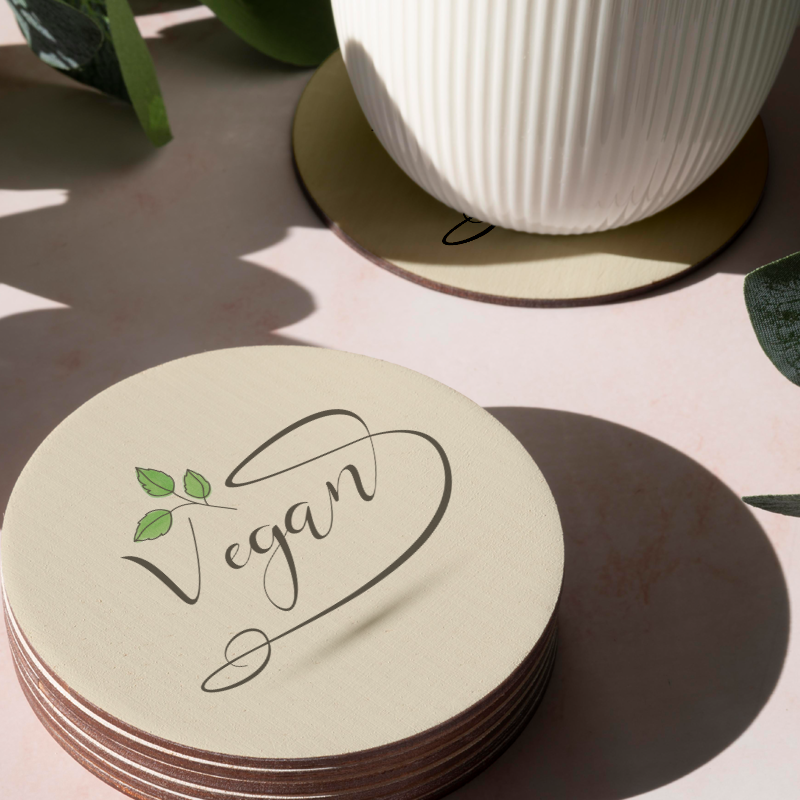 Vegan Yazılı Yaprak Detaylı 4'lü Yuvarlak Bardak Altlığı Vegan Yazılı Yaprak Detaylı 4'lü Yuvarlak Bardak Altlığı