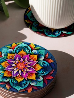 Çiçek Renkli Mandala Tasarımlı 4lü Yuvarlak Bardak Altlığı Çiçek Renkli Mandala Tasarımlı 4lü Yuvarlak Bardak Altlığı