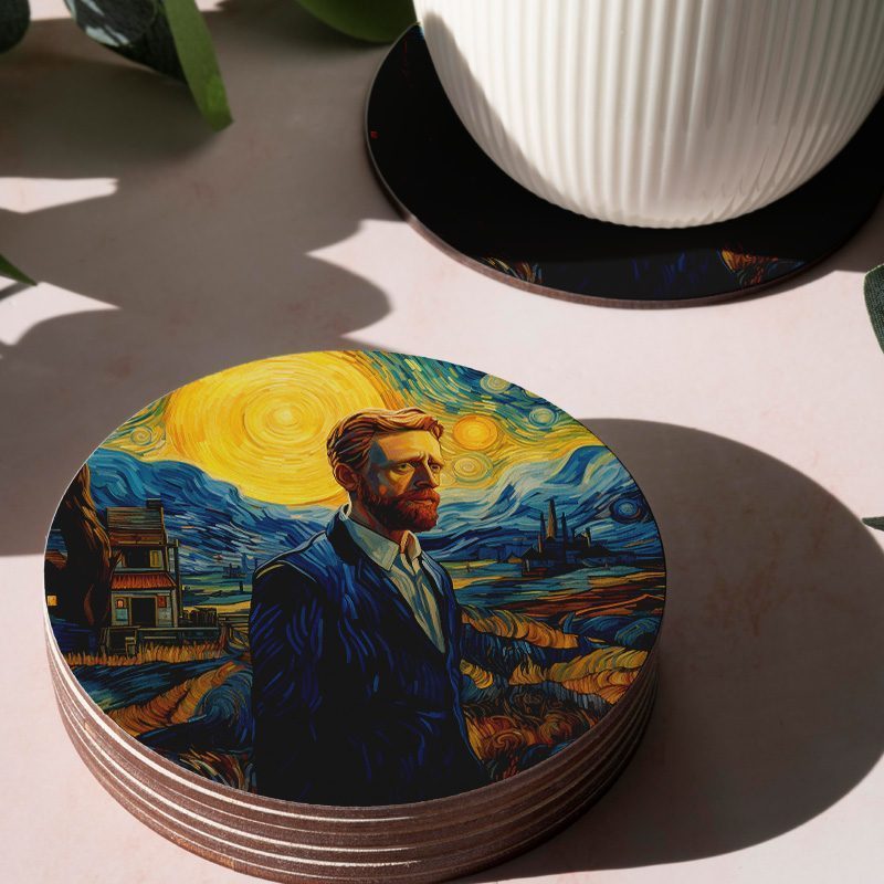 Tablosunun İçinde Van Gogh Tasarımlı 4lü Yuvarlak Bardak Altlığı Tablosunun İçinde Van Gogh Tasarımlı 4lü Yuvarlak Bardak Altlığı