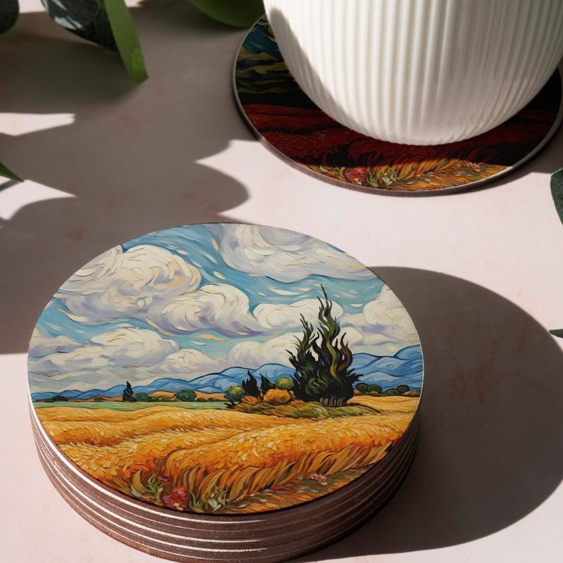 Van Gogh'un Manzarası Tasarımlı 4lü Yuvarlak Bardak Altlığı Van Gogh'un Manzarası Tasarımlı 4lü Yuvarlak Bardak Altlığı